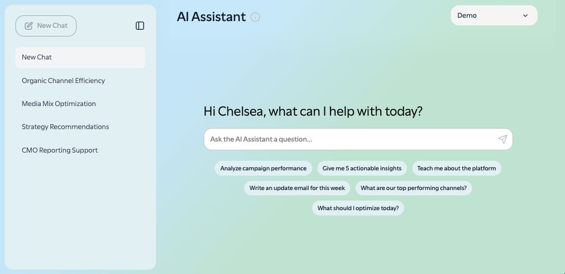 Octane11 AI Assistant homepage showing 'Hi Chelsea, what can I help with today?' with suggested prompts and saved chat history in the sidebar