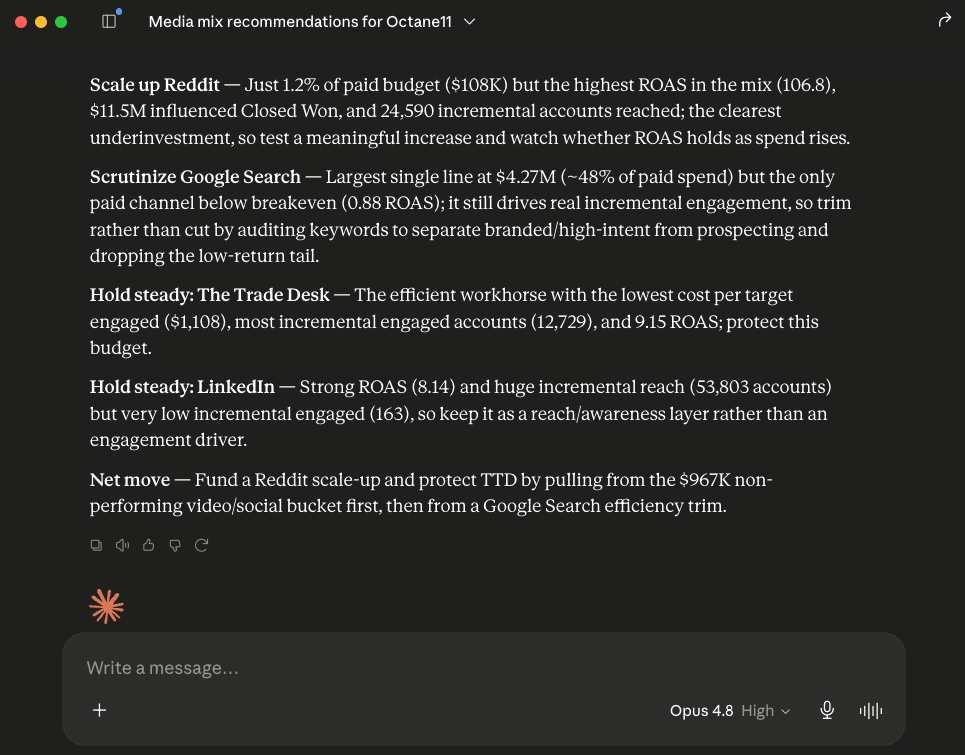 Claude conversation titled 'Media mix recommendations for Octane11' showing scale up Reddit, scrutinize Google Search, and hold steady recommendations for The Trade Desk and LinkedIn
